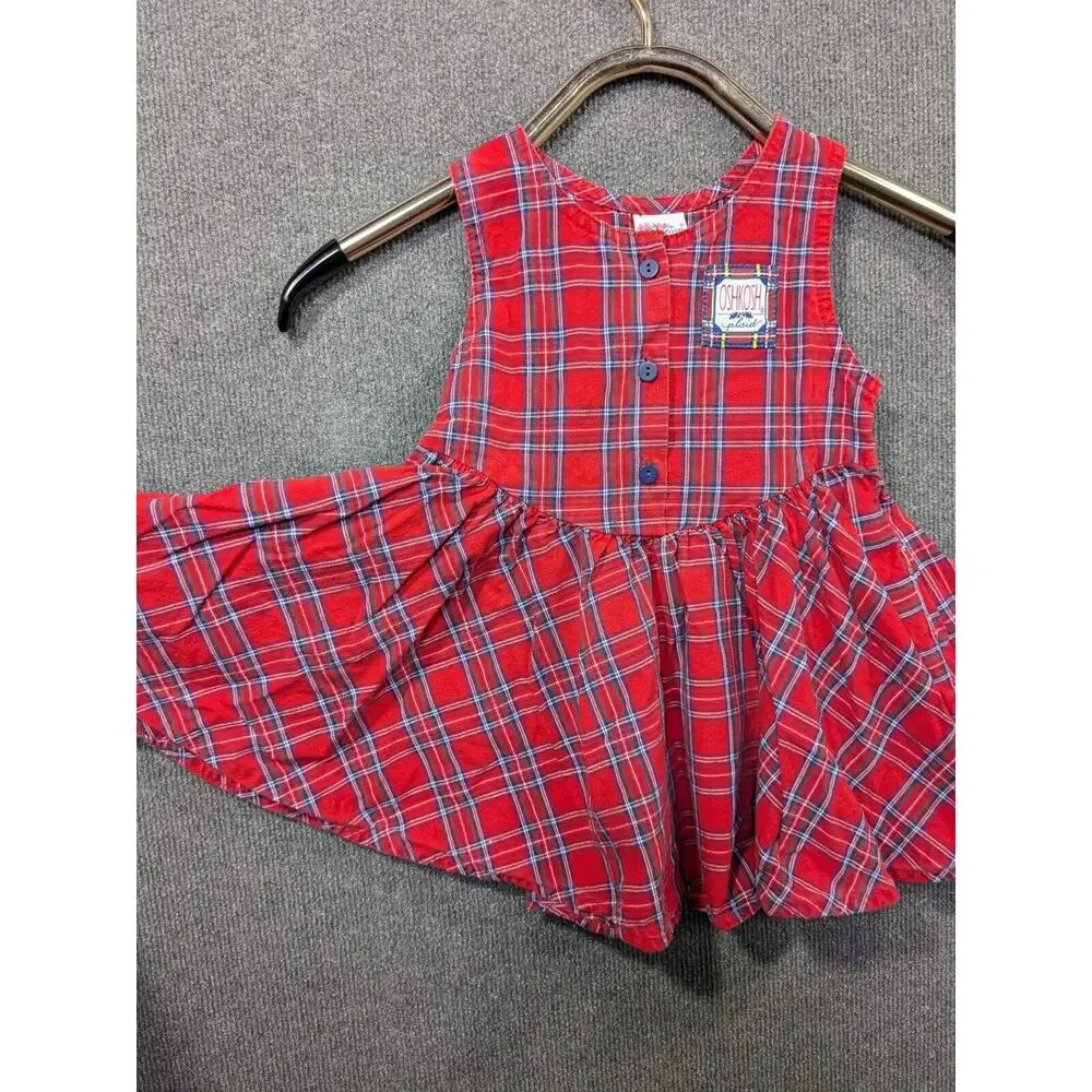 Vintage Oshkosh b'Gosh Jumper Dress Girls 4T Overall Plaid Tartan Button USA